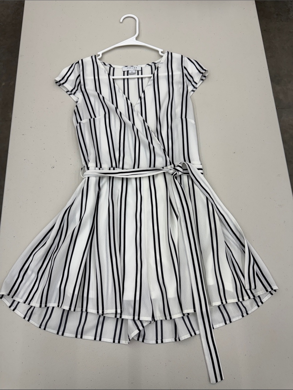 Girls' White & Black Stripe Wrap Romper Dress with Belt w/shorts